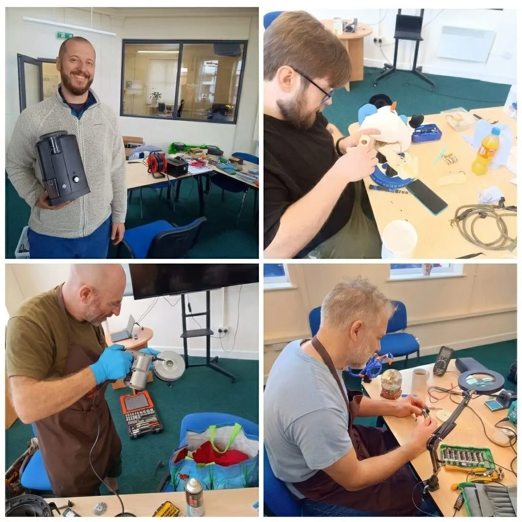 Four Repair Café volunteers fixing a coffee grinder, a soft toy, a power tool and a snow globe